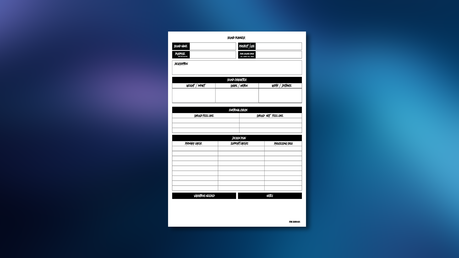 One-page sound design quick sketch sheet for planning sound effects before designing